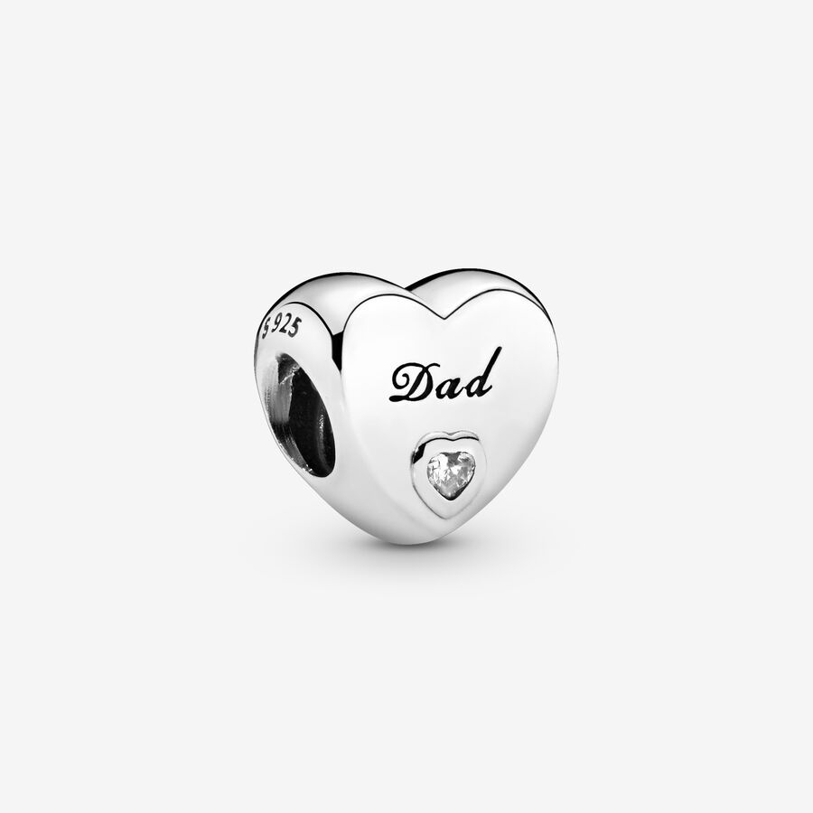 Dad heart silver charm with clear cubic zirconia image number 0