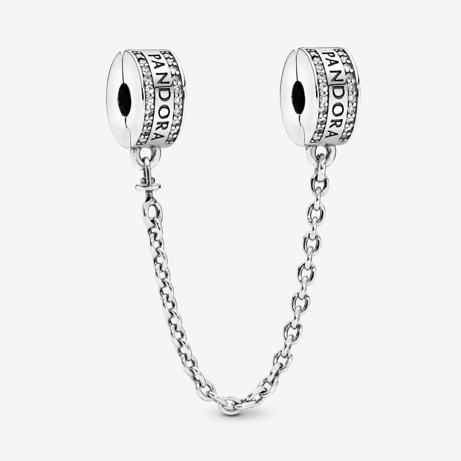 PANDORA logo silver safety chain with clear cubic zirconia and silicone image number 0